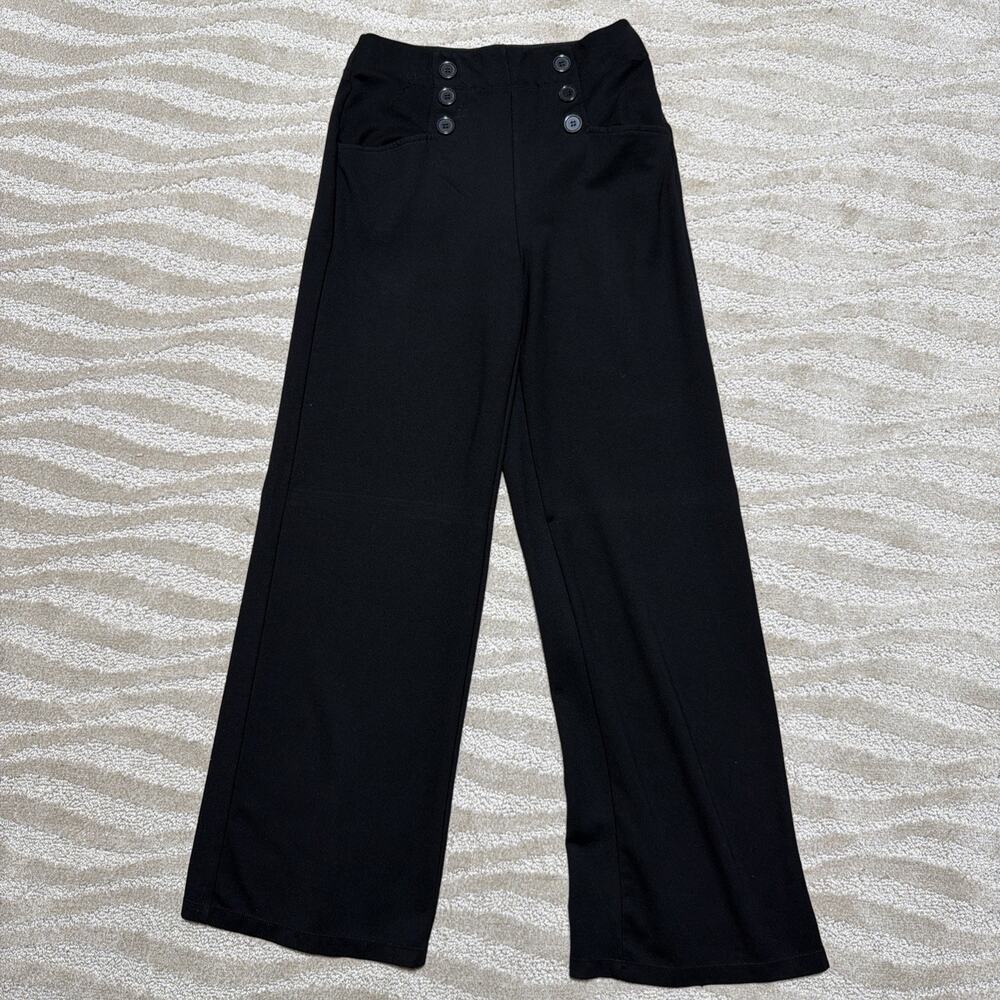Max Studio S High Rise Black Wide Leg Elastic Waist Pull-on Pants Button Detail